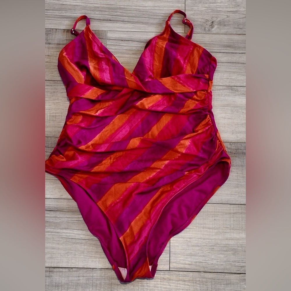 Ralph Lauren Pink Orange Purple Stripe Swimsuit - US 16 Trendy Designer Swimwear